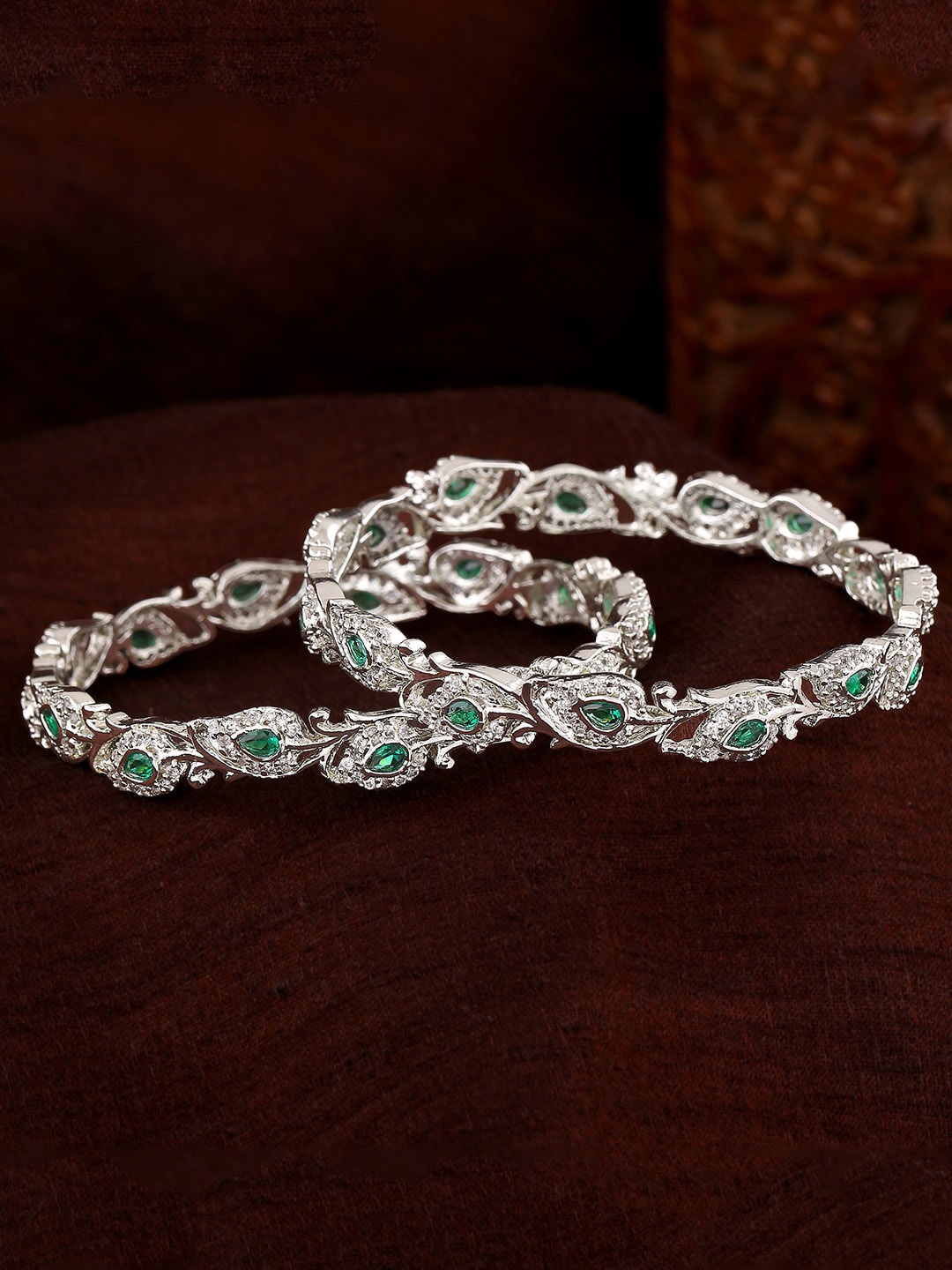 

Estele Set of 2 Rhodium Plated AD Studded Brass Bangles, Green
