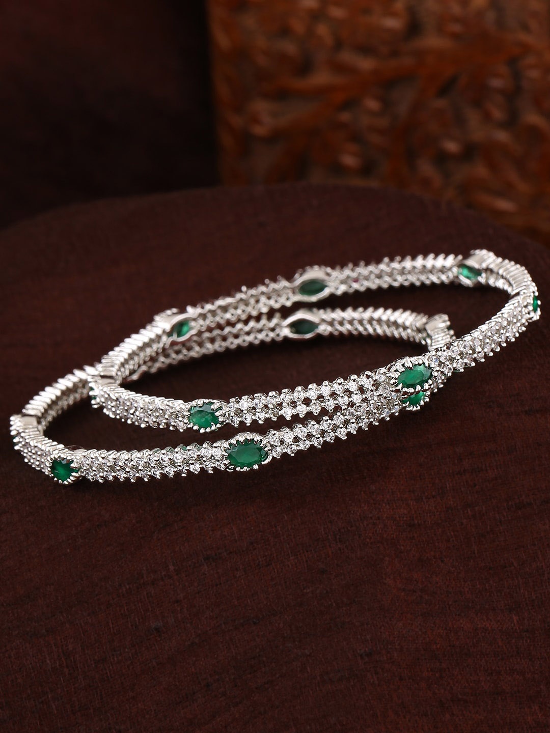 

Estele Set of 2 Rhodium-Plated AD Studded Brass Bangles, Green