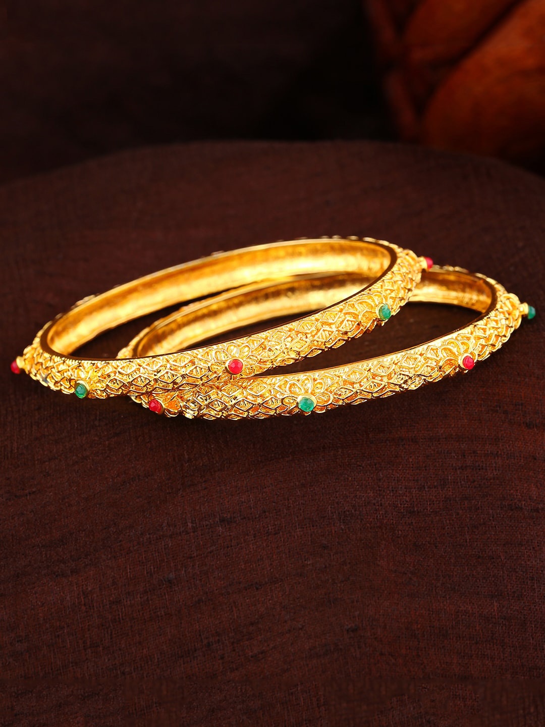 

Estele Set Of 2 Gold-Plated & Crystals-Studded Bangles, Green