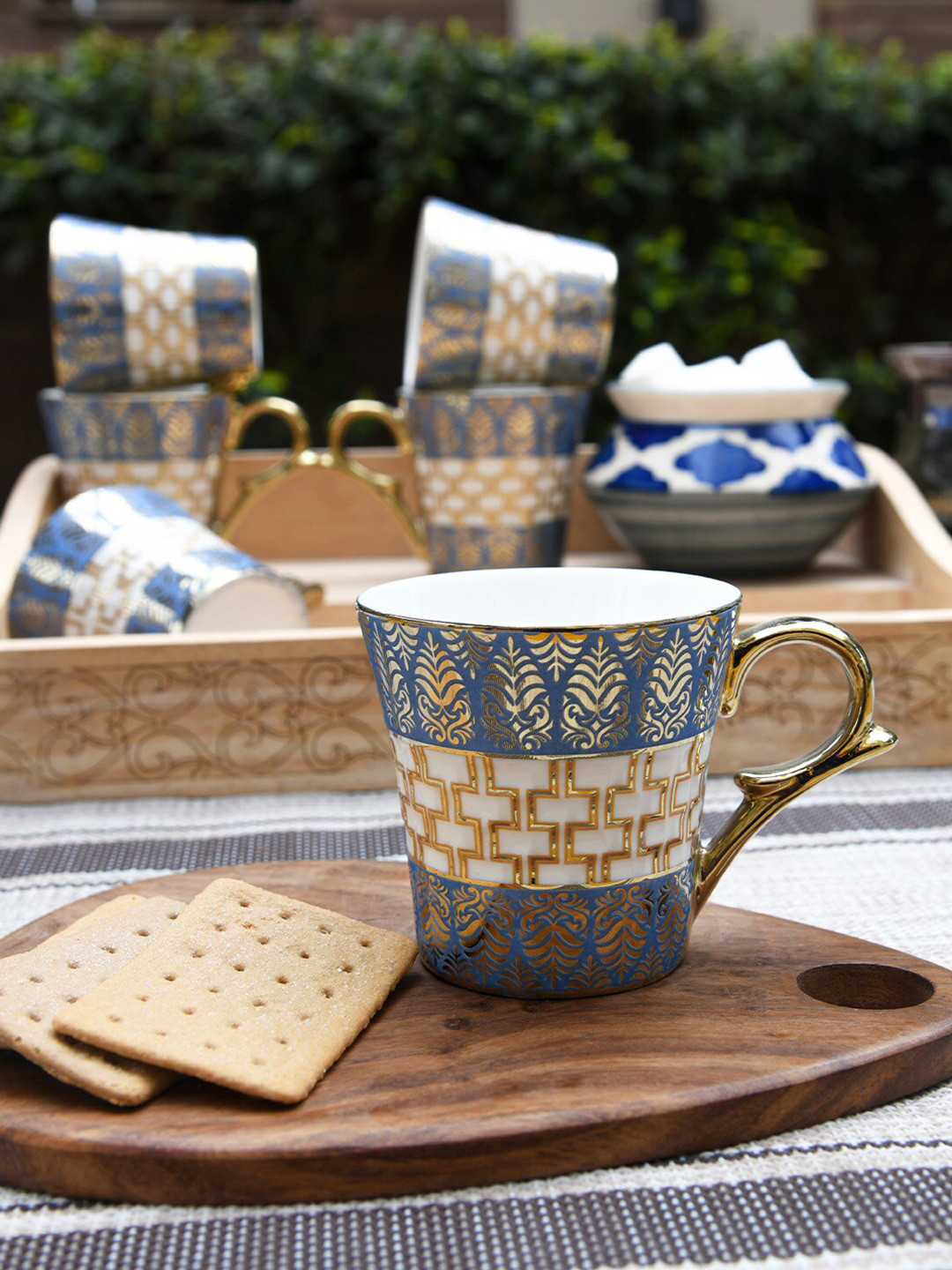 

Femora Fine Blue & Gold-Toned 6 Pieces Persian Leaves Printed Bone China Cups 160 ml Each