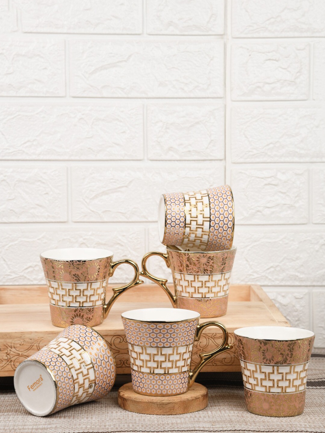 

Femora Gold-Toned & White 6 Pieces Honey Comb Printed Ceramic Glossy Cups 160 ml Each