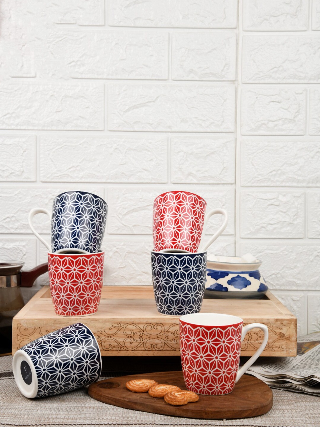 

Femora Desh ki Mitti Red & Blue 6 Pieces Geometric Bone China Cups 160 ml Each