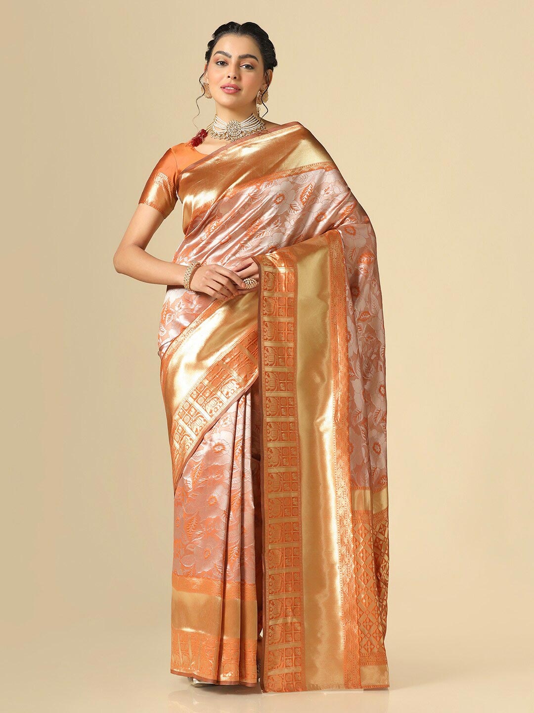 

Satrani Floral Woven Design Zari Banarasi Saree, Rust