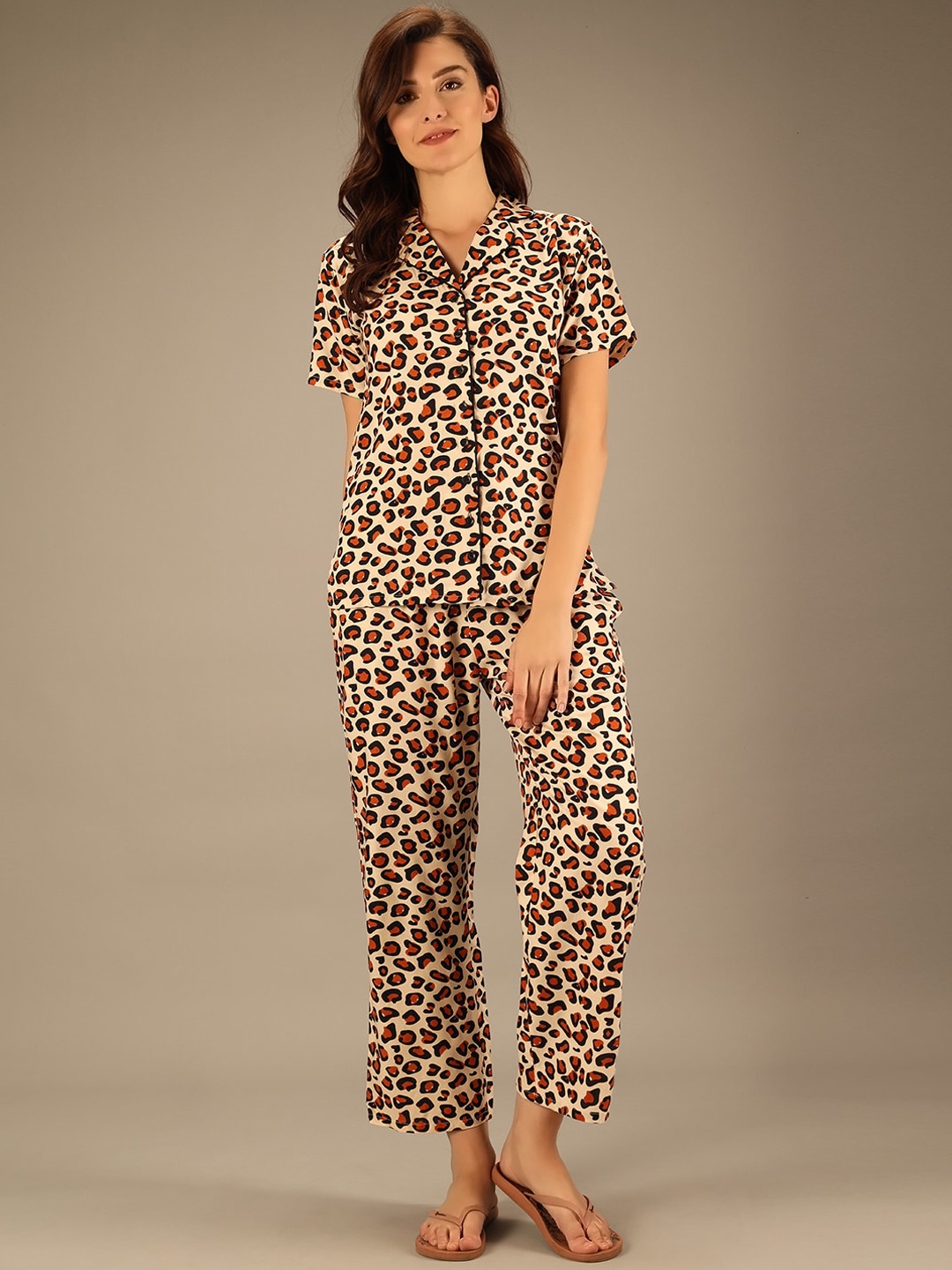 

Darzi Animal Printed Night Suit, Beige