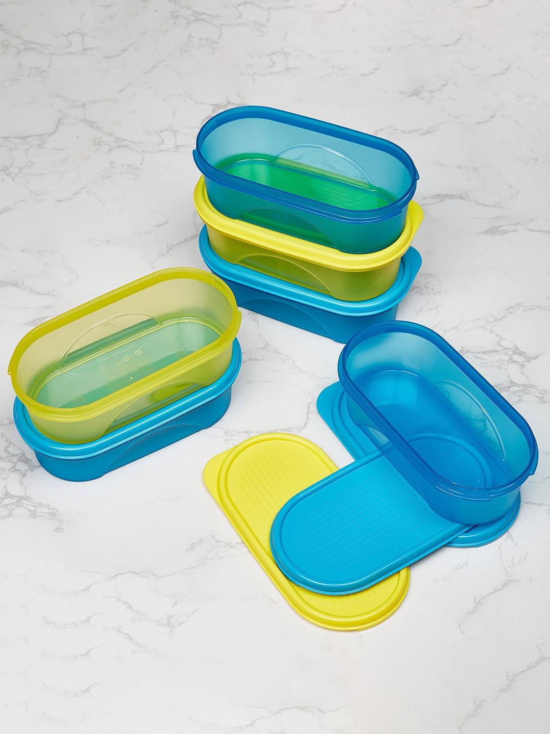 

HomeTown Teal & Mustard 6 Pcs Rectangular Containers-600ml Each, Blue