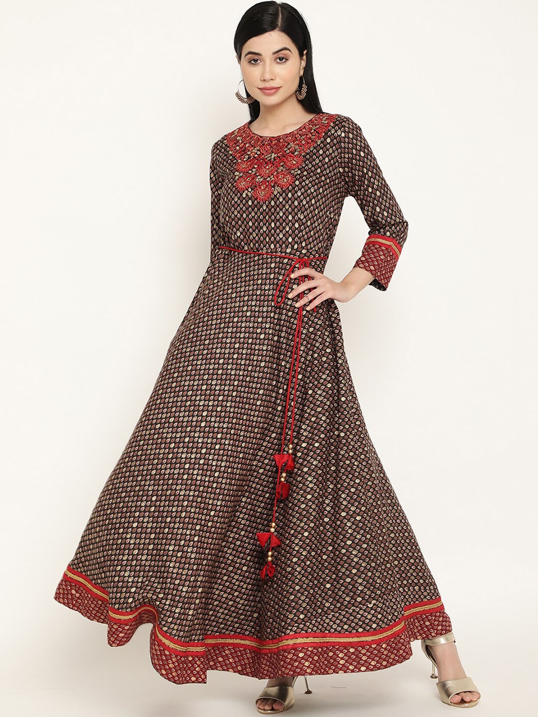 

Be Indi Floral Printed Thread Work Embroidered Maxi-Length Ethnic Dress, Brown