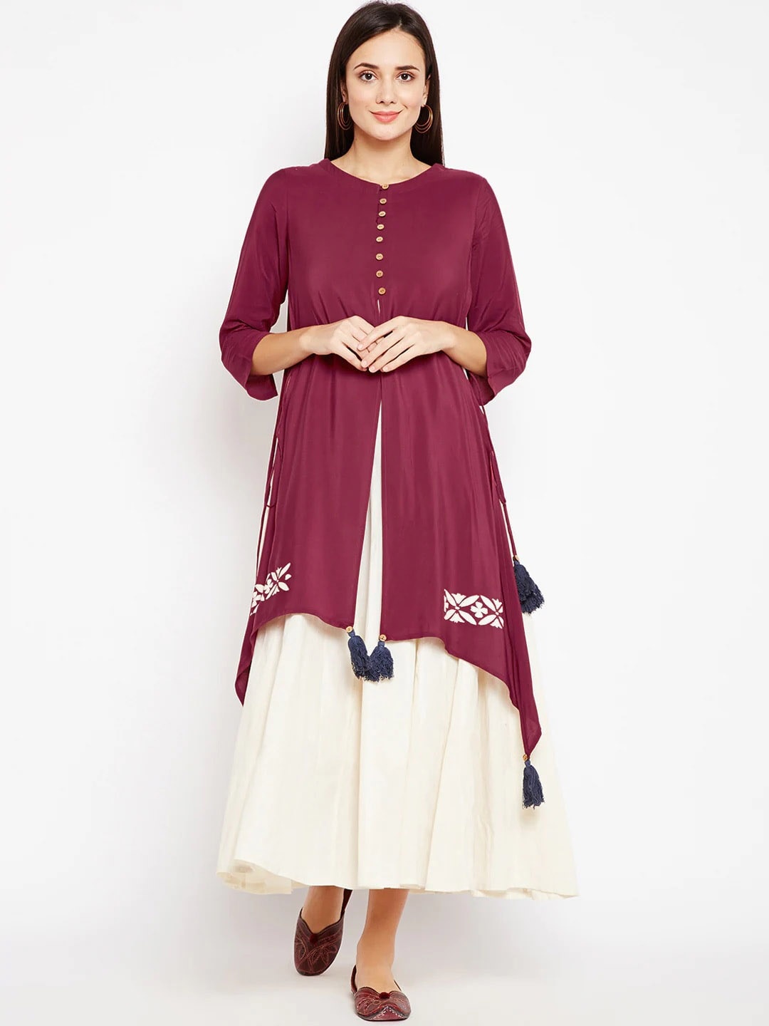 

Be Indi Colourblocked Cotton Layered Maxi Ethnic Dress, Maroon