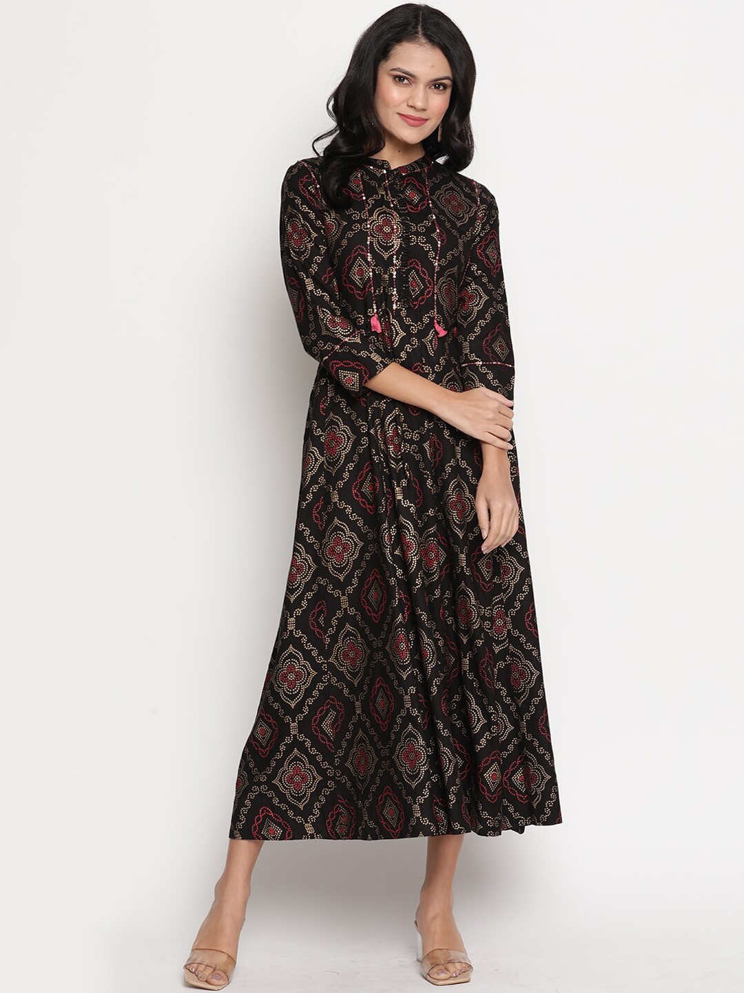 

Be Indi Ethnic Motifs Printed A-Line Dress, Black