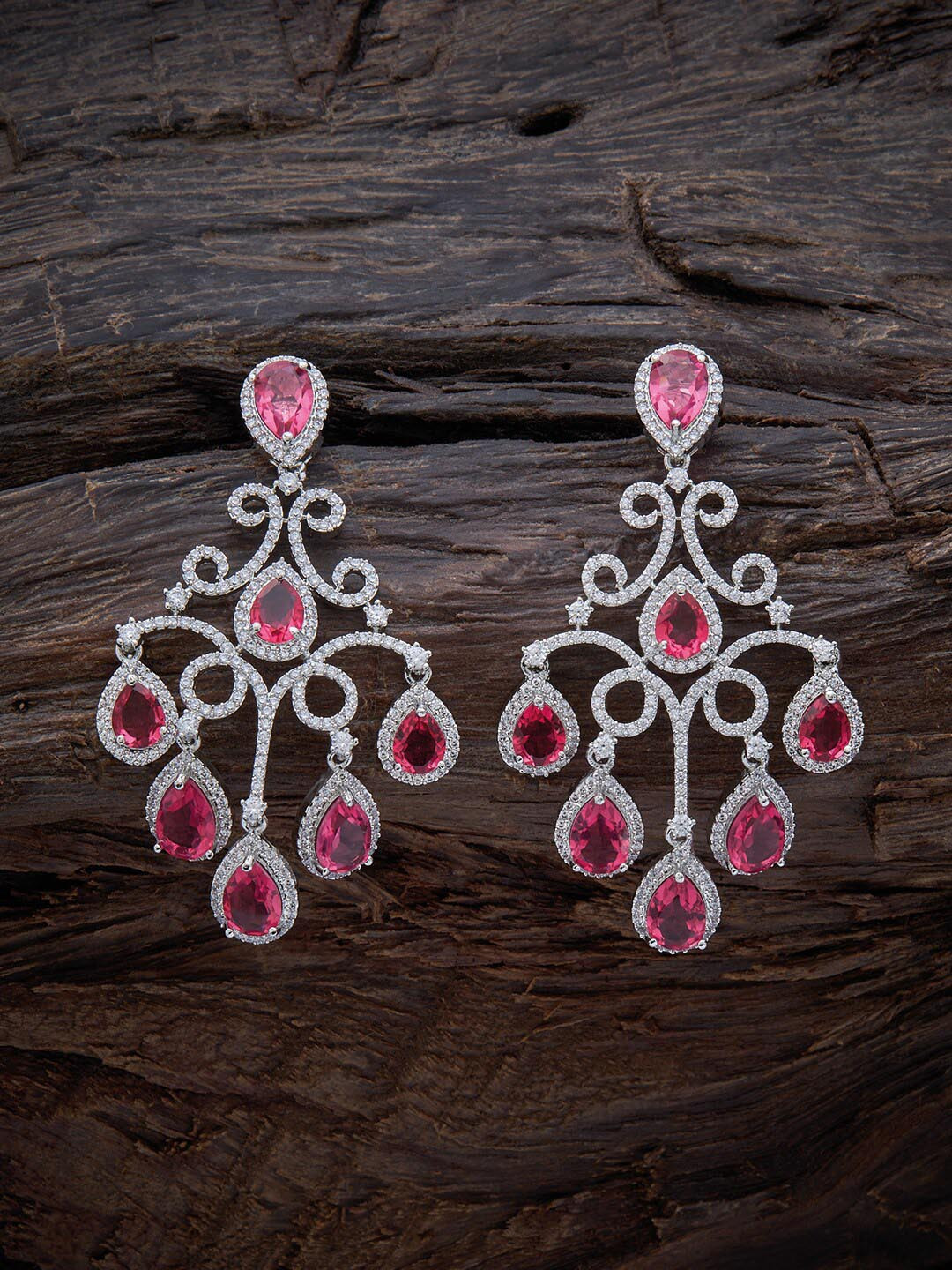 

Kushal's Fashion Jewellery Rhodium Plated Contemporary CZ Studded Drop Earrings, Red