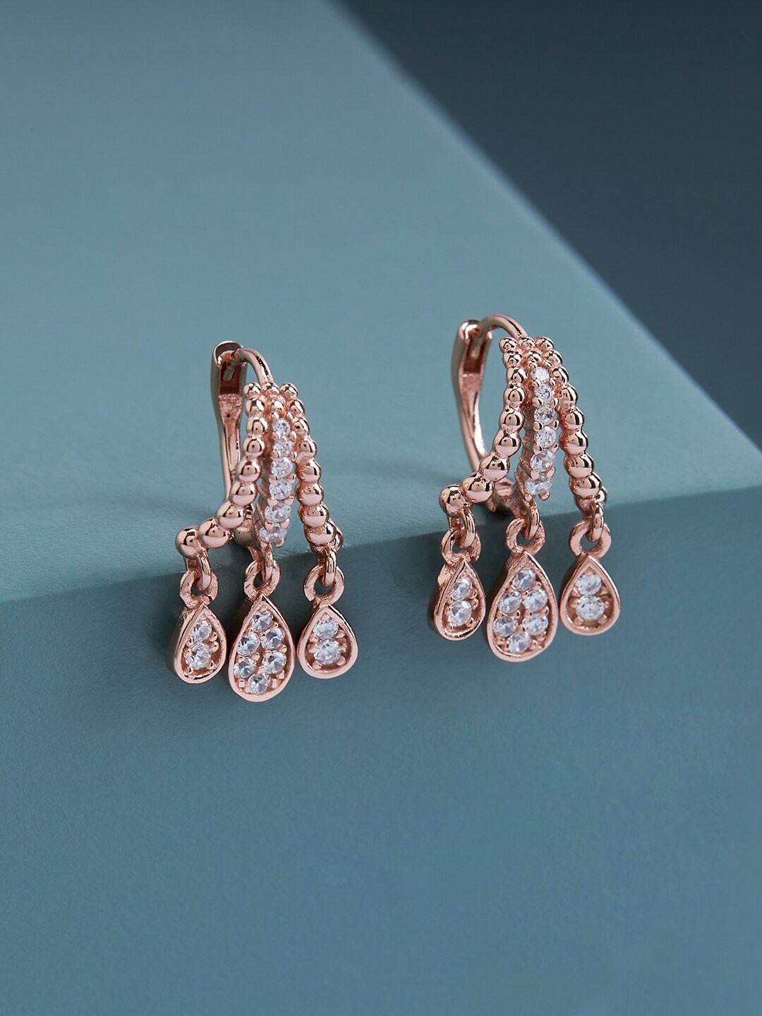 

Kushal's Fashion Jewellery 92.5 Pure Silve Rose-Gold Plated CZ Studded Drop Earrings, White