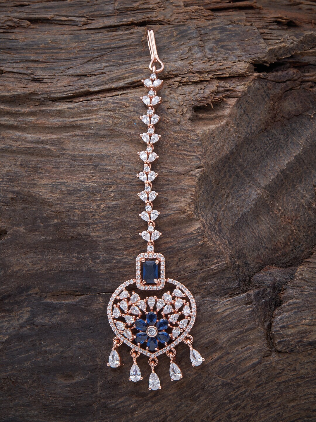 

Kushal's Fashion Jewellery Rose Gold-Plated CZ-Studded Maang Tikka, Blue