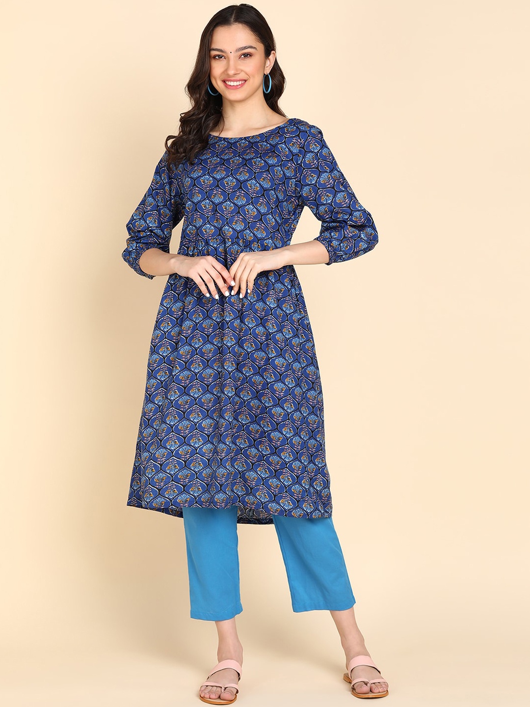 

Sangria Ethnic Motif Printed Pure Cotton A-Line Kurta With Trouser, Navy blue