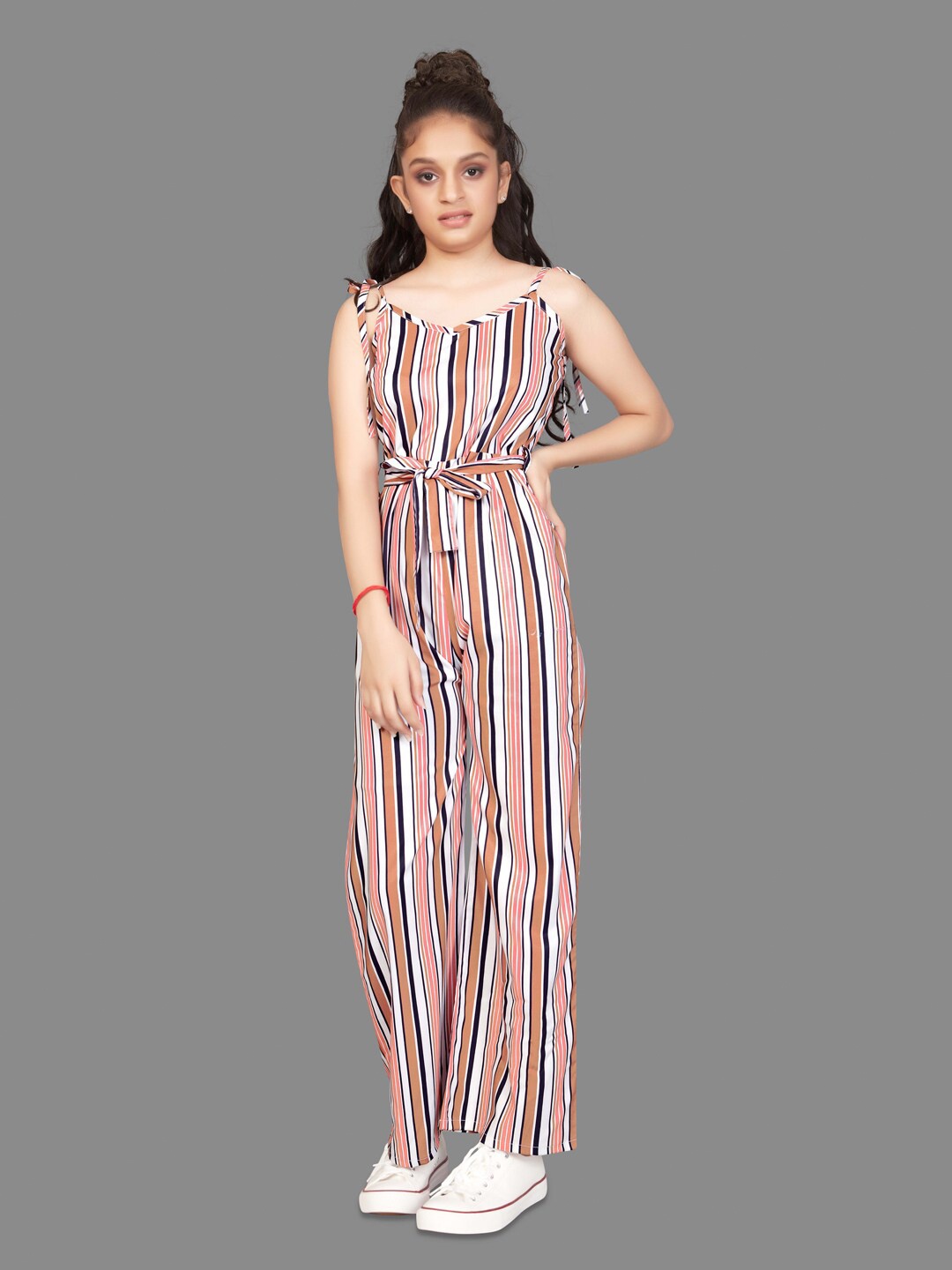 

FASHION DREAM Girls Striped Shoulder Straps Waist Tie-Ups Basic Jumpsuit, Peach