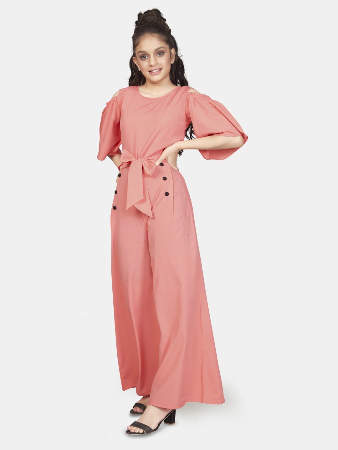 

FASHION DREAM Girls Cold Shoulder Flutter Sleeves Culotte Jumpsuit, Peach