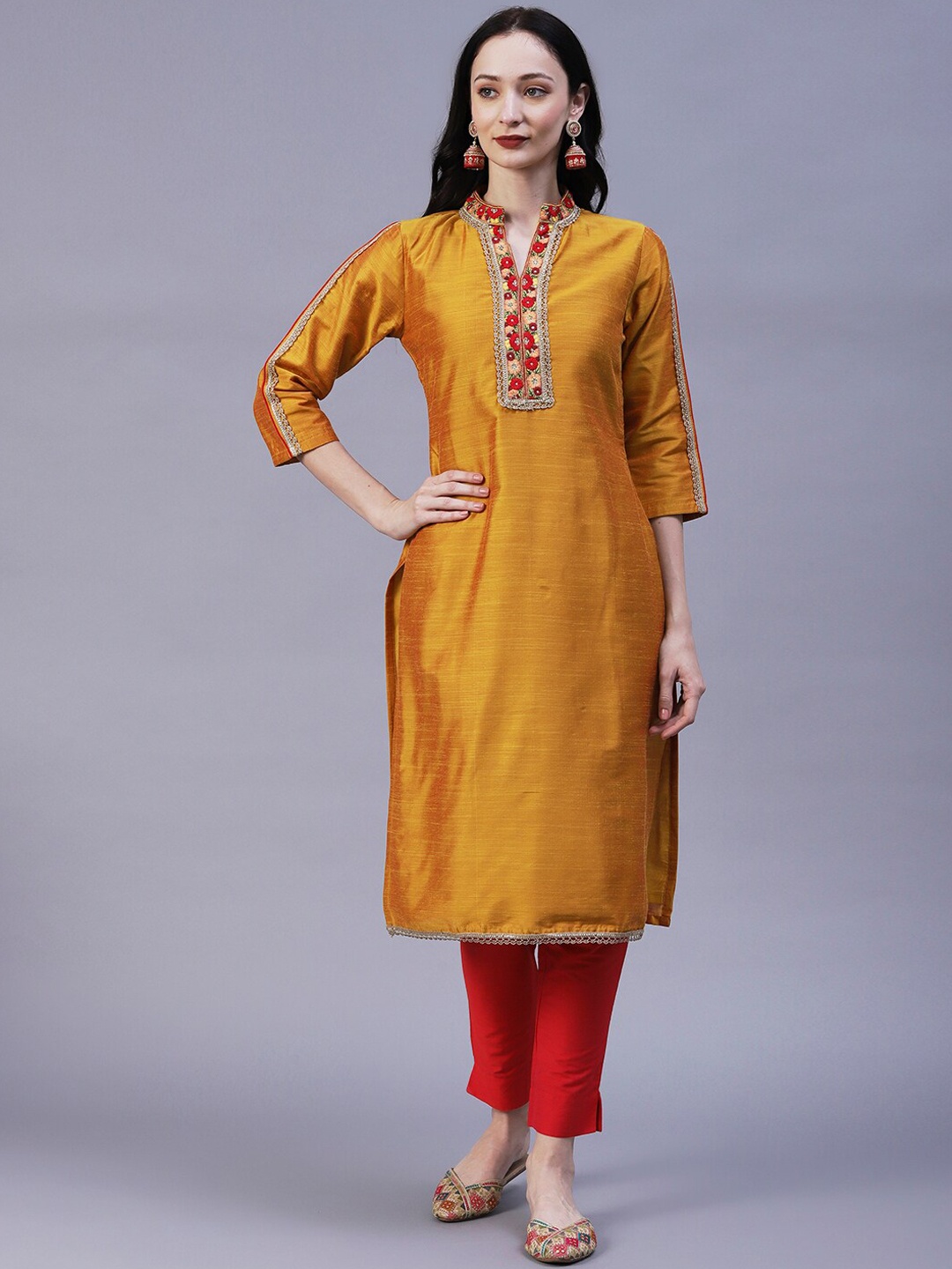 

FASHOR Floral Yoke Design Mandarin Collar Thread Work Straight Kurta, Mustard