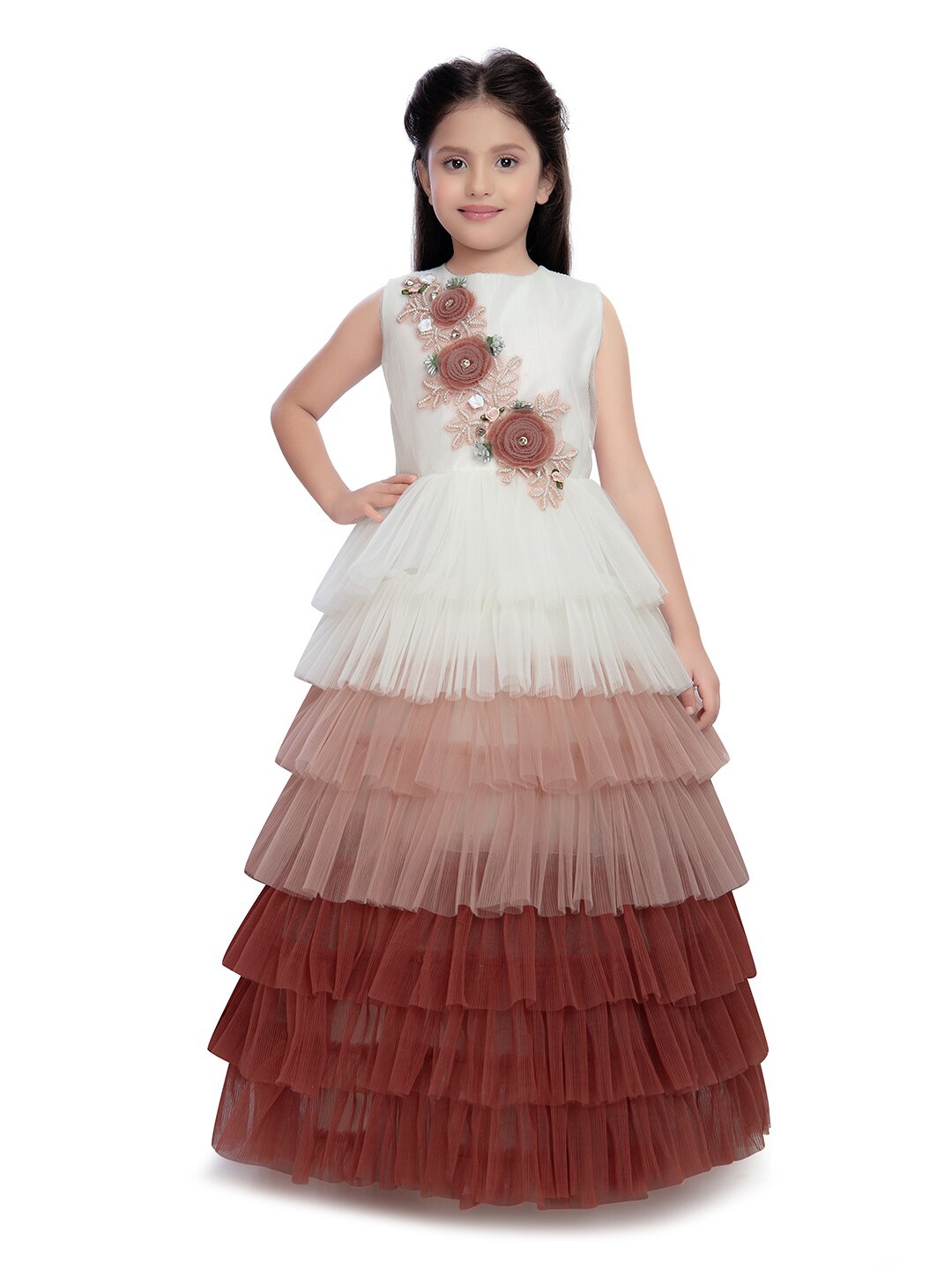 

BETTY Girls Floral Embellished Layered Net Fit & Flare Maxi Dress, Brown