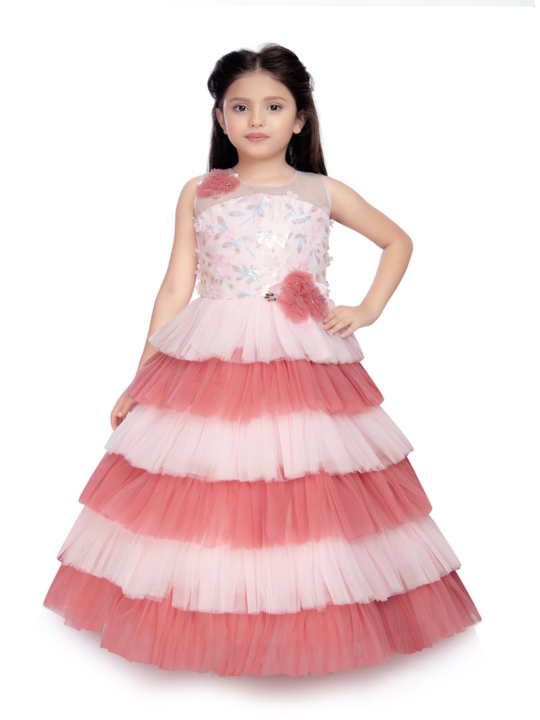 

BETTY Girls Embellished Layered Net Fit & Flare Maxi Dress, Pink