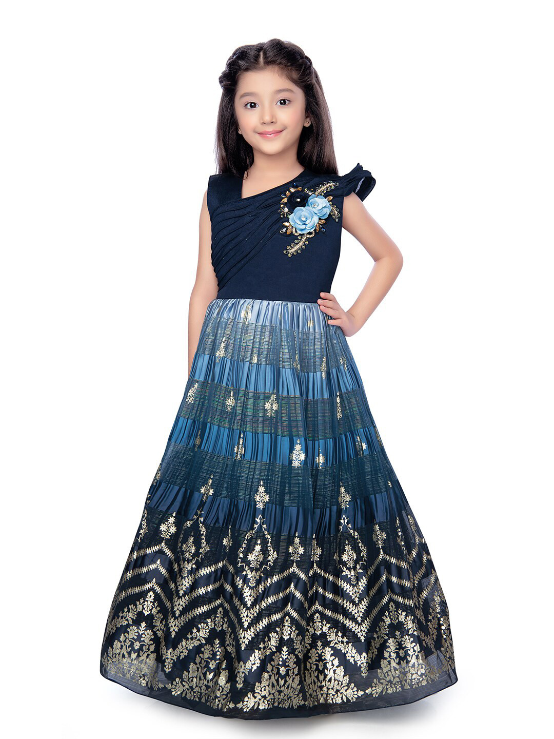 

BETTY Girls Floral Printed Satin Fit & Flare Maxi Dress, Navy blue