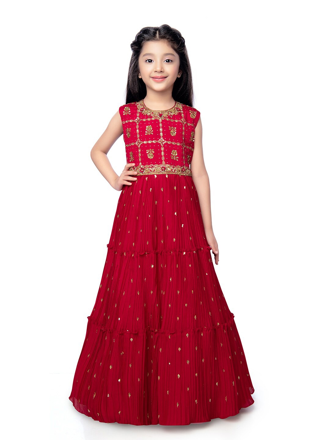 

BETTY Girls Floral Embroidered Tiered Fit & Flare Maxi Dress, Red