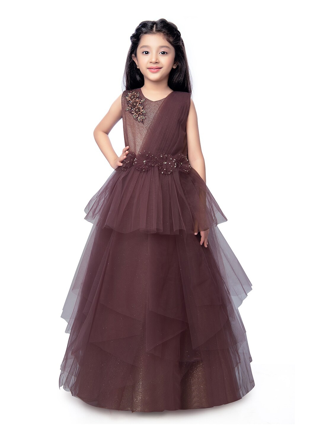 

BETTY Girls Embellished Net Fit & Flare Maxi Dress, Brown
