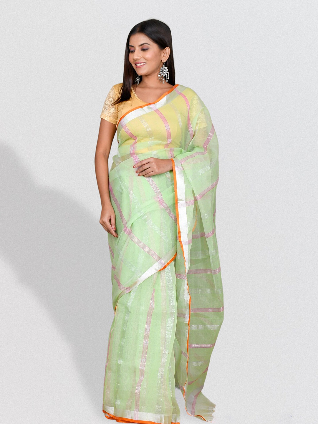 

Kesarya Striped Zari Supernet Kota Saree, Green