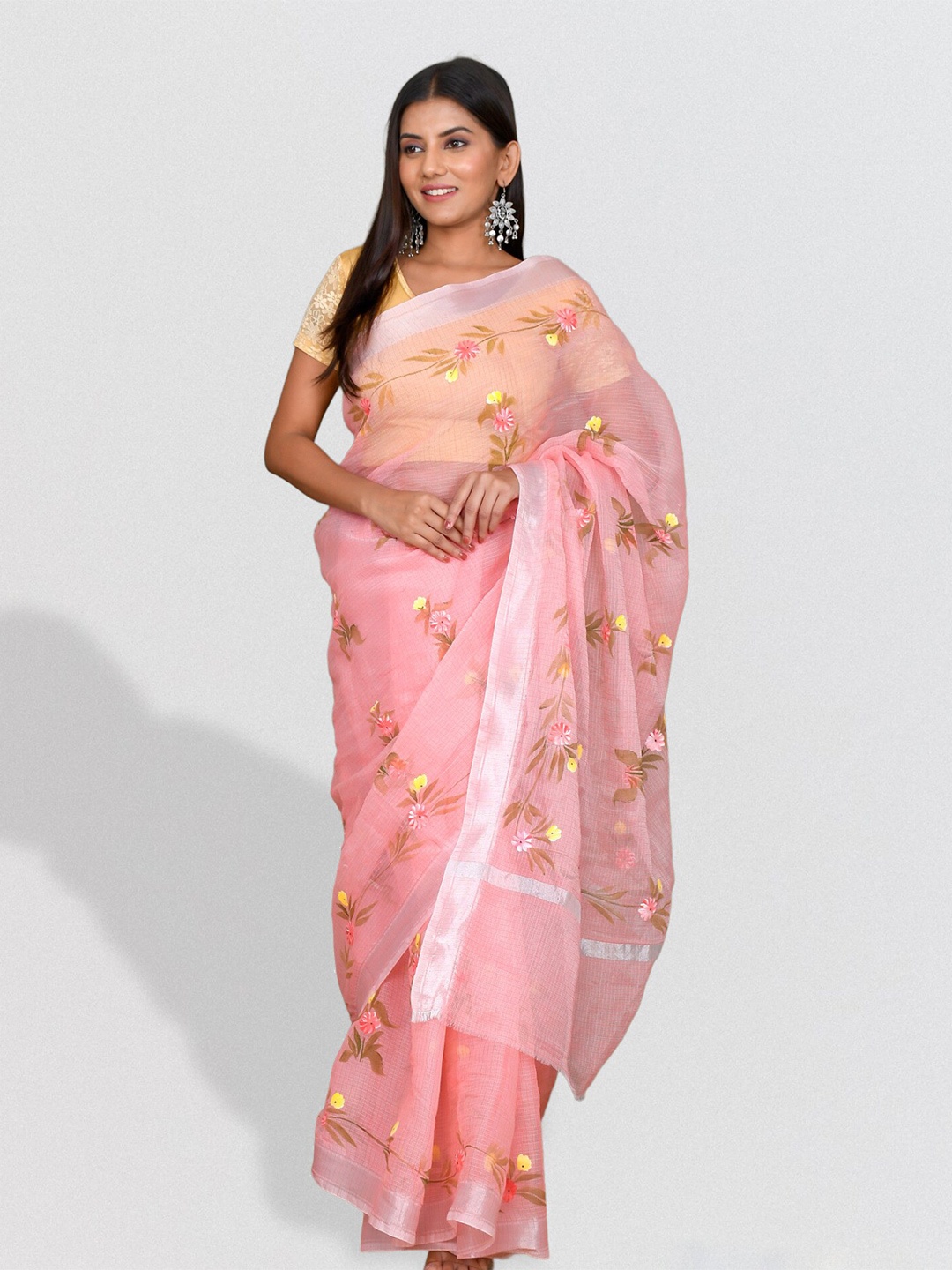 

Kesarya Floral Printed Zari Supernet Kota Saree, Pink
