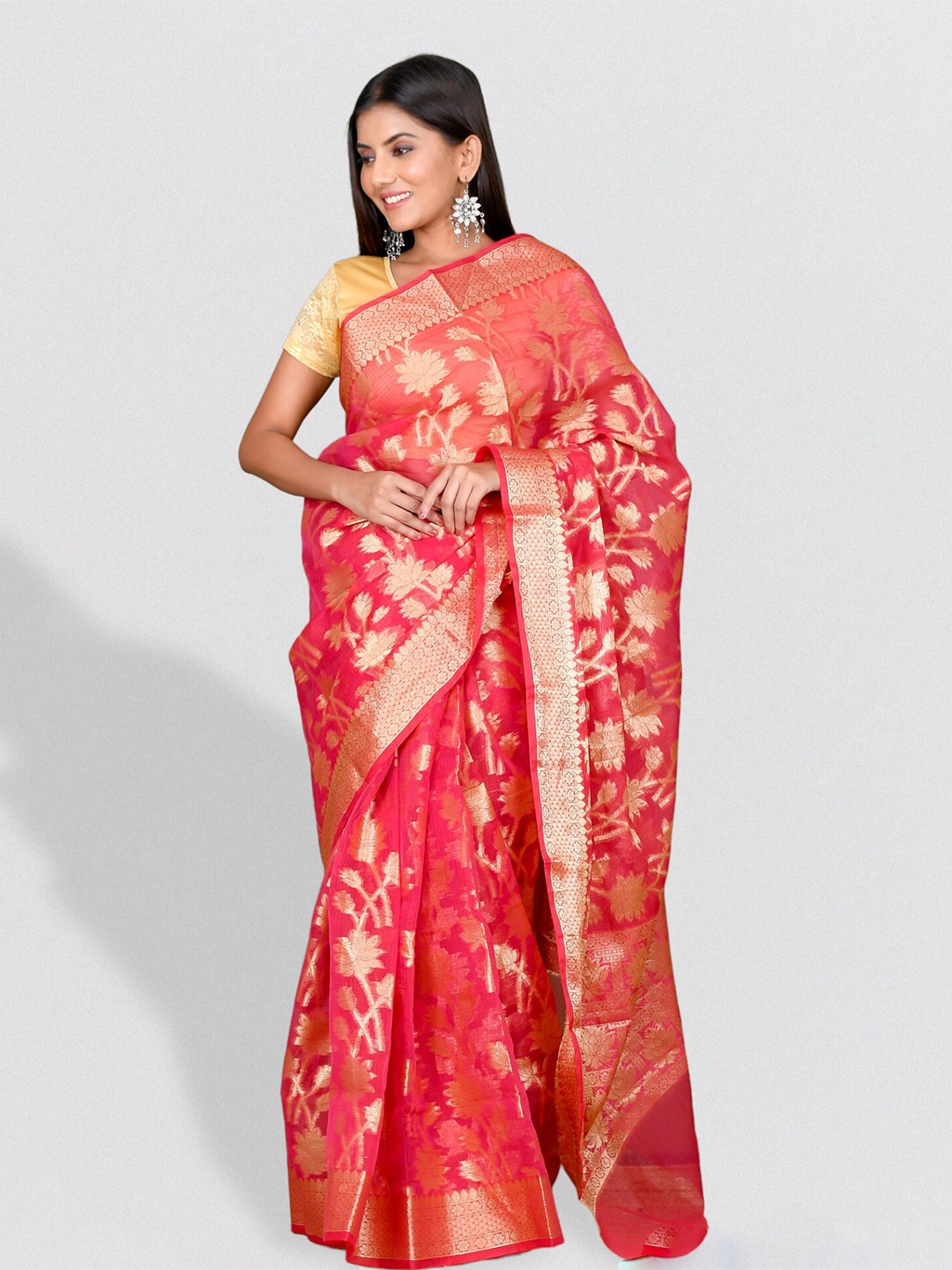

Kesarya Floral Woven Design Zari Supernet Banarasi Saree, Red
