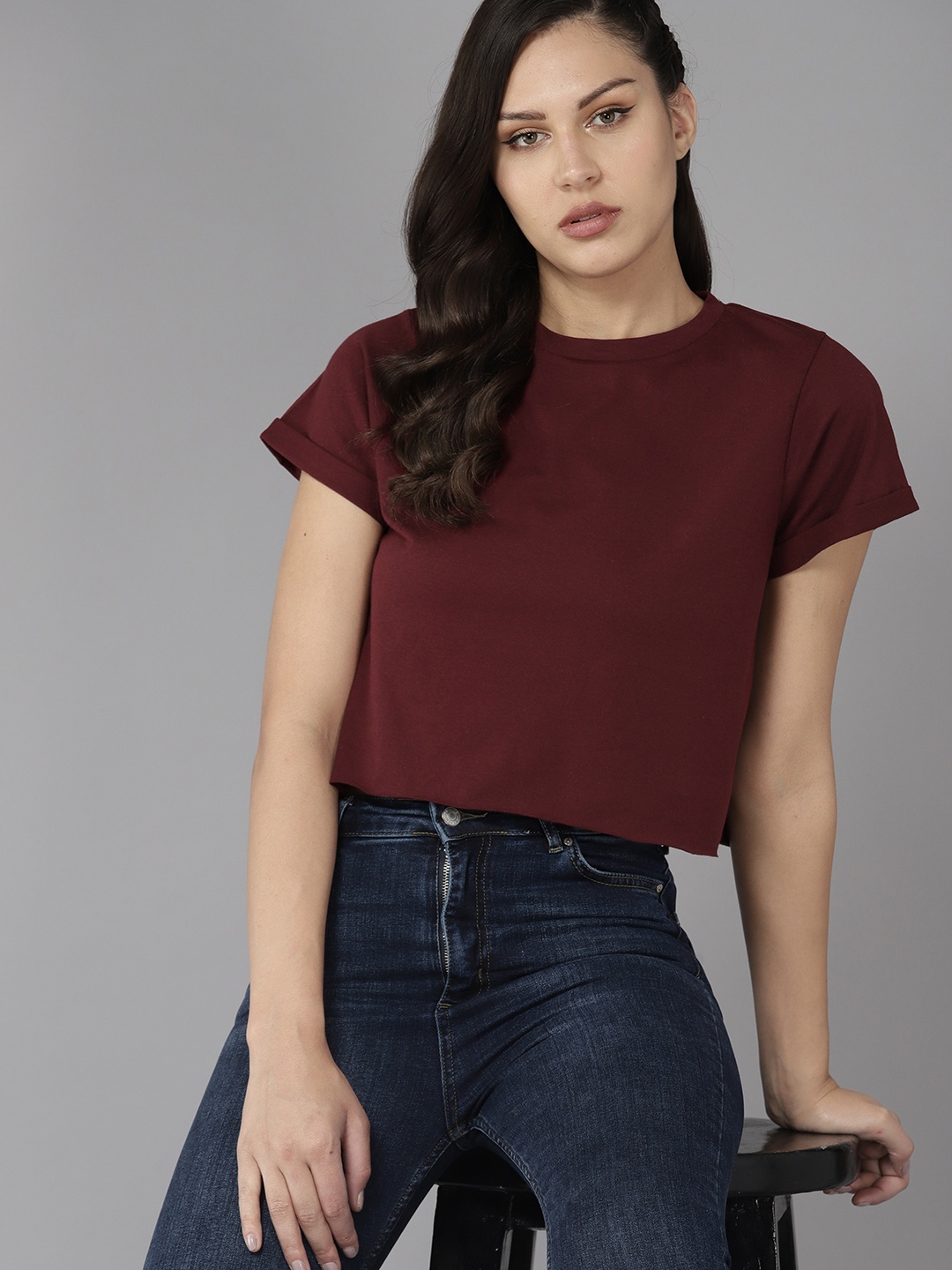 

Roadster Solid Cropped Top, Maroon