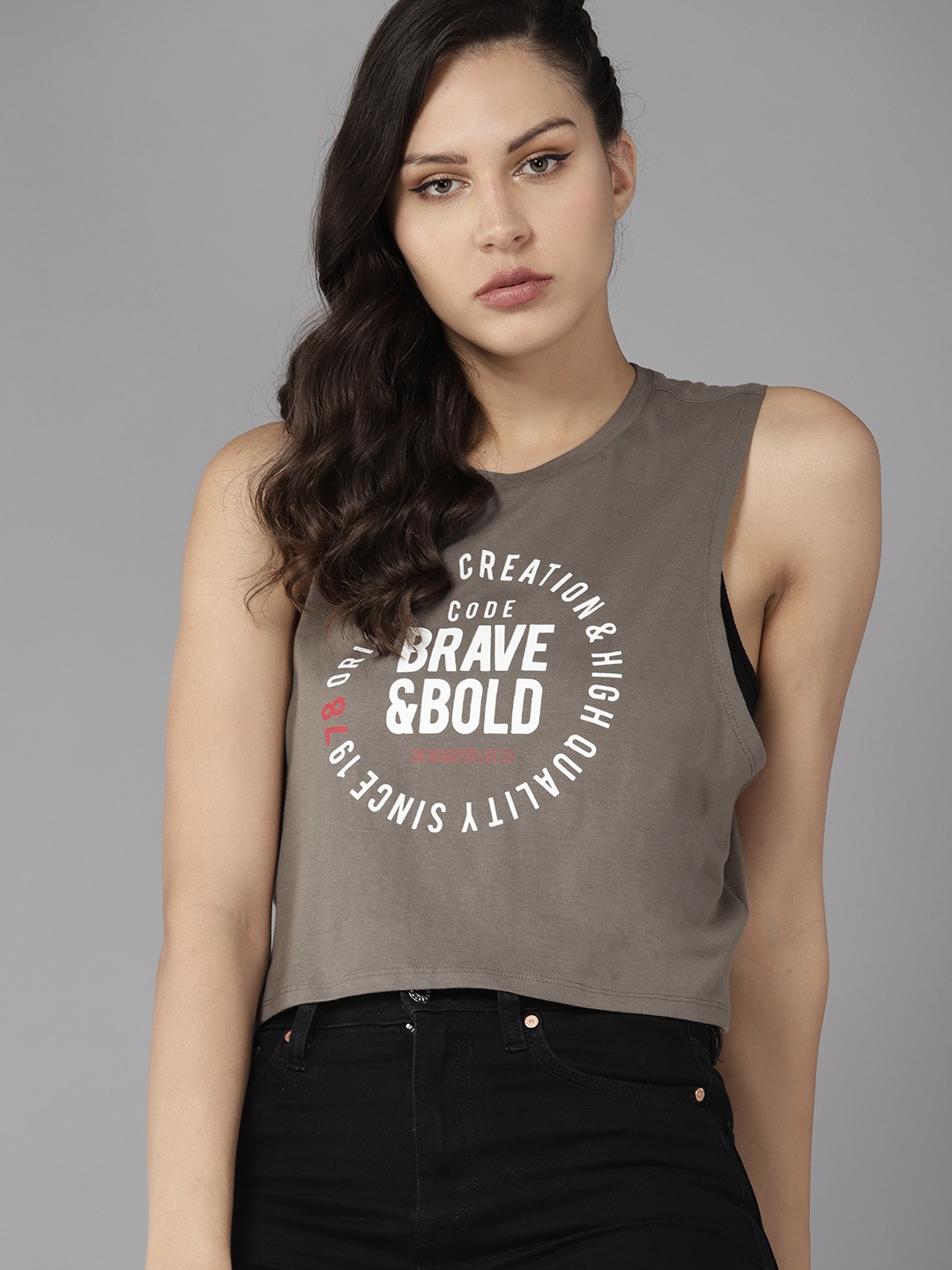 

Roadster Printed Cotton Crop Top, Grey