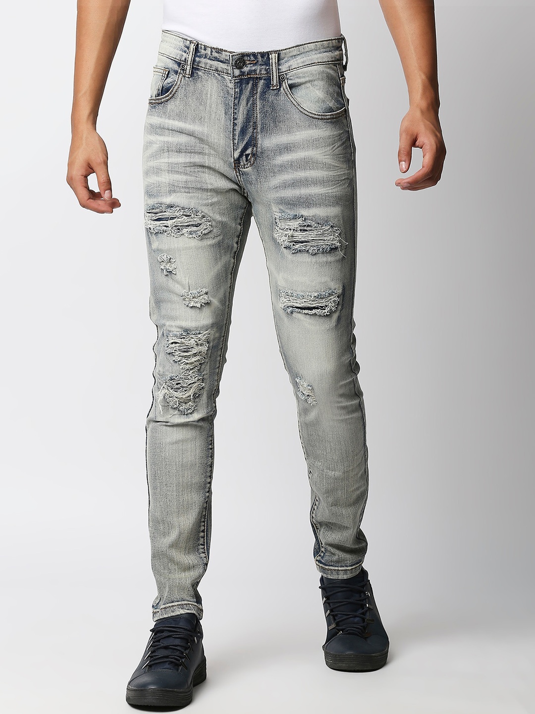 

WAIMEA Men Cotton Highly Distressed Heavy Fade Slim Fit Stretchable Jeans, Grey