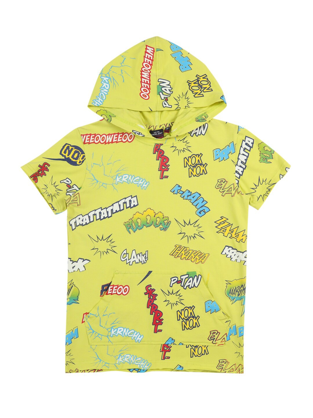 

Gini and Jony Boys Typography Printed Hooded Pure Cotton T-shirt, Yellow