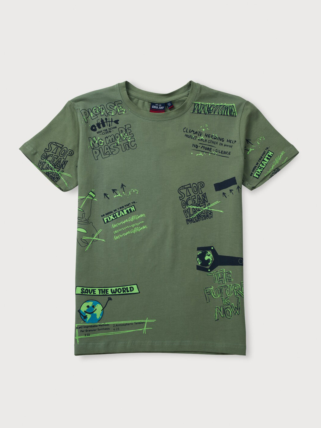 

Gini and Jony Boys Typography Printed Cotton T-shirt, Green