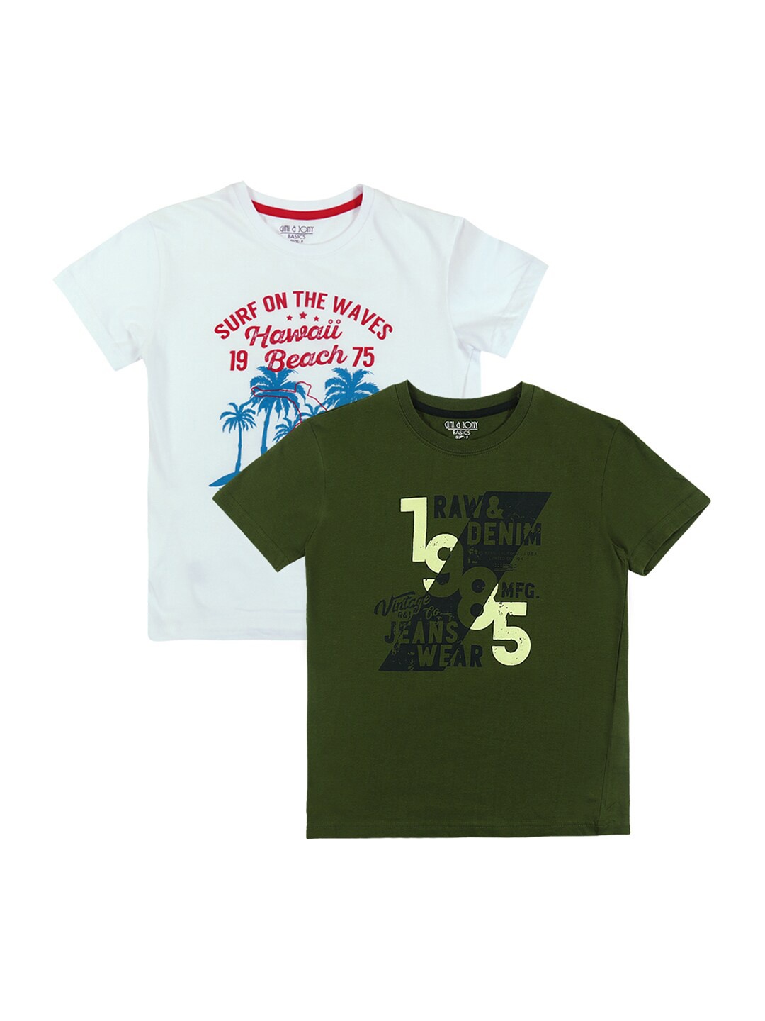 

Gini and Jony Boys Pack Of 2 Typography Printed Pure Cotton T-shirt, White