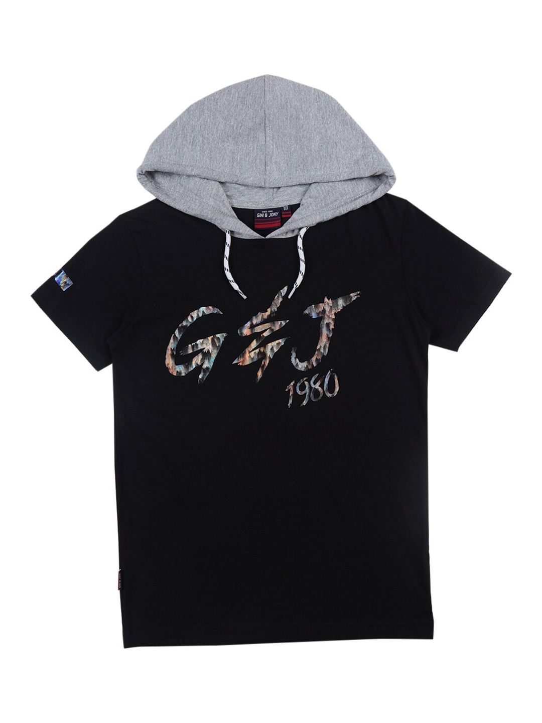

Gini and Jony Boys Hooded Typography Printed Cotton T-shirt, Black