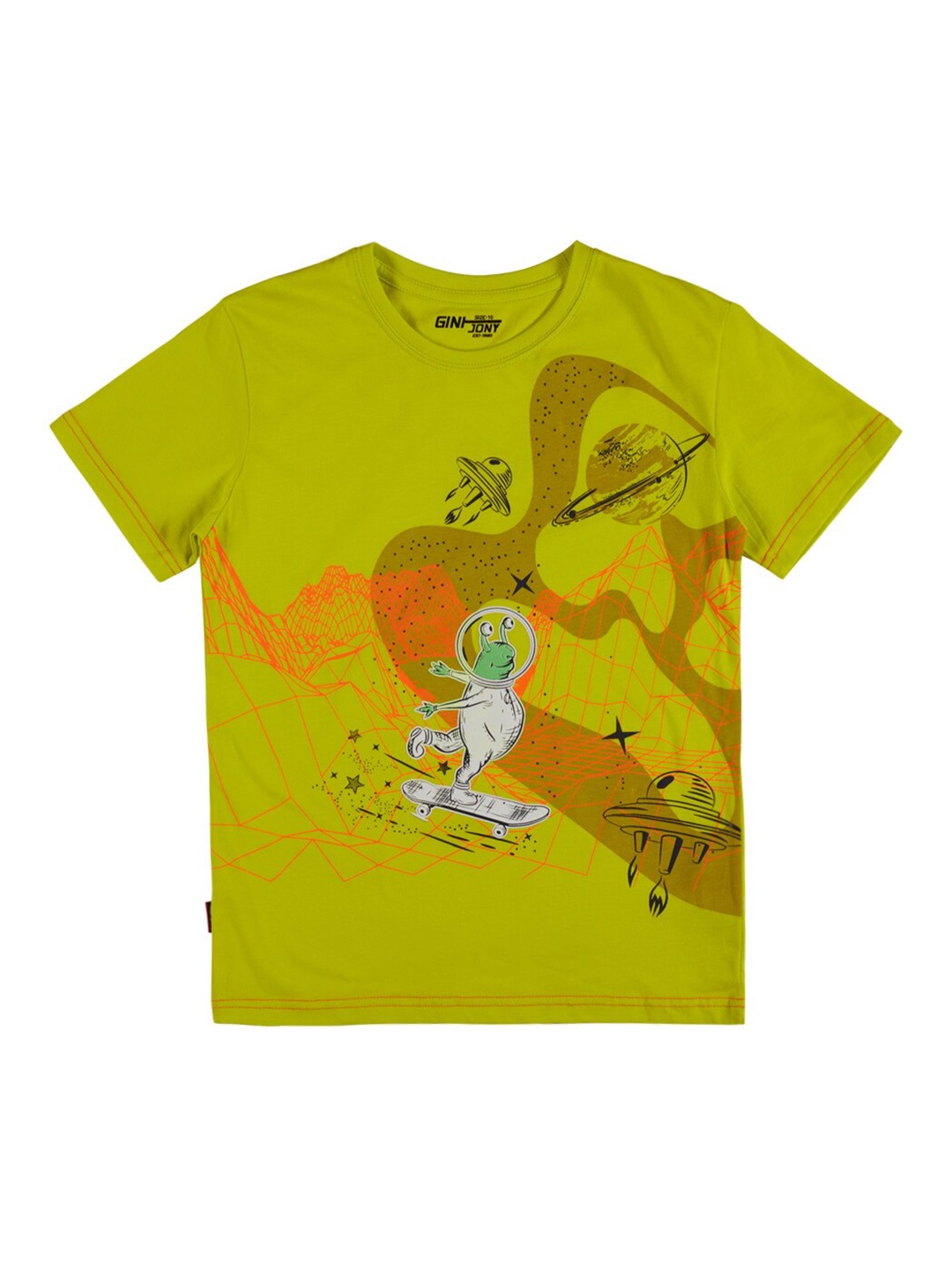 

Gini and Jony Boys Graphic Printed Pure Cotton T-shirt, Mustard