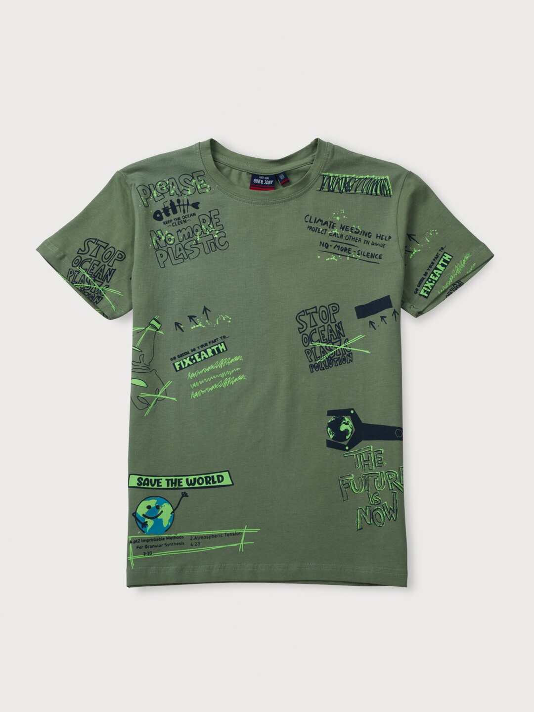 

Gini and Jony Boys Typography Printed Cotton T-shirt, Green