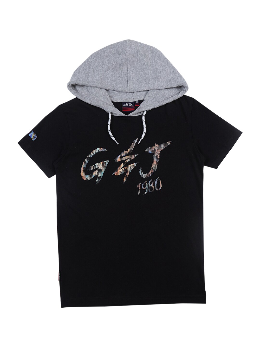 

Gini and Jony Infant Boys Typography Printed Hooded Cotton T-shirt, Black