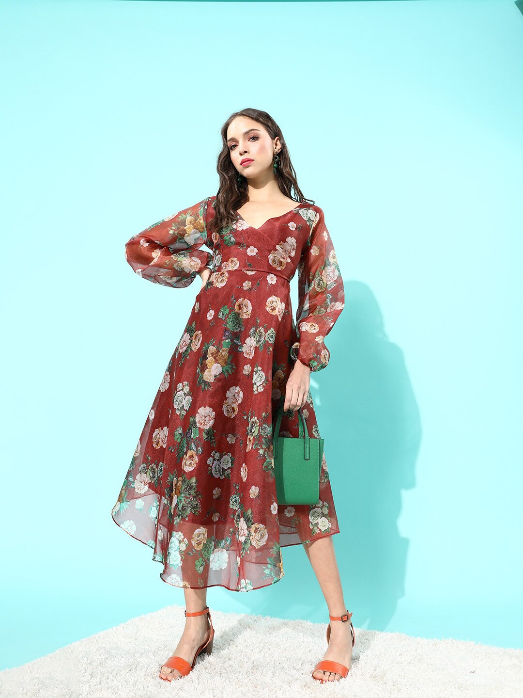 

InWeave V-Neck Floral Satin A-Line Midi Dress, Rust