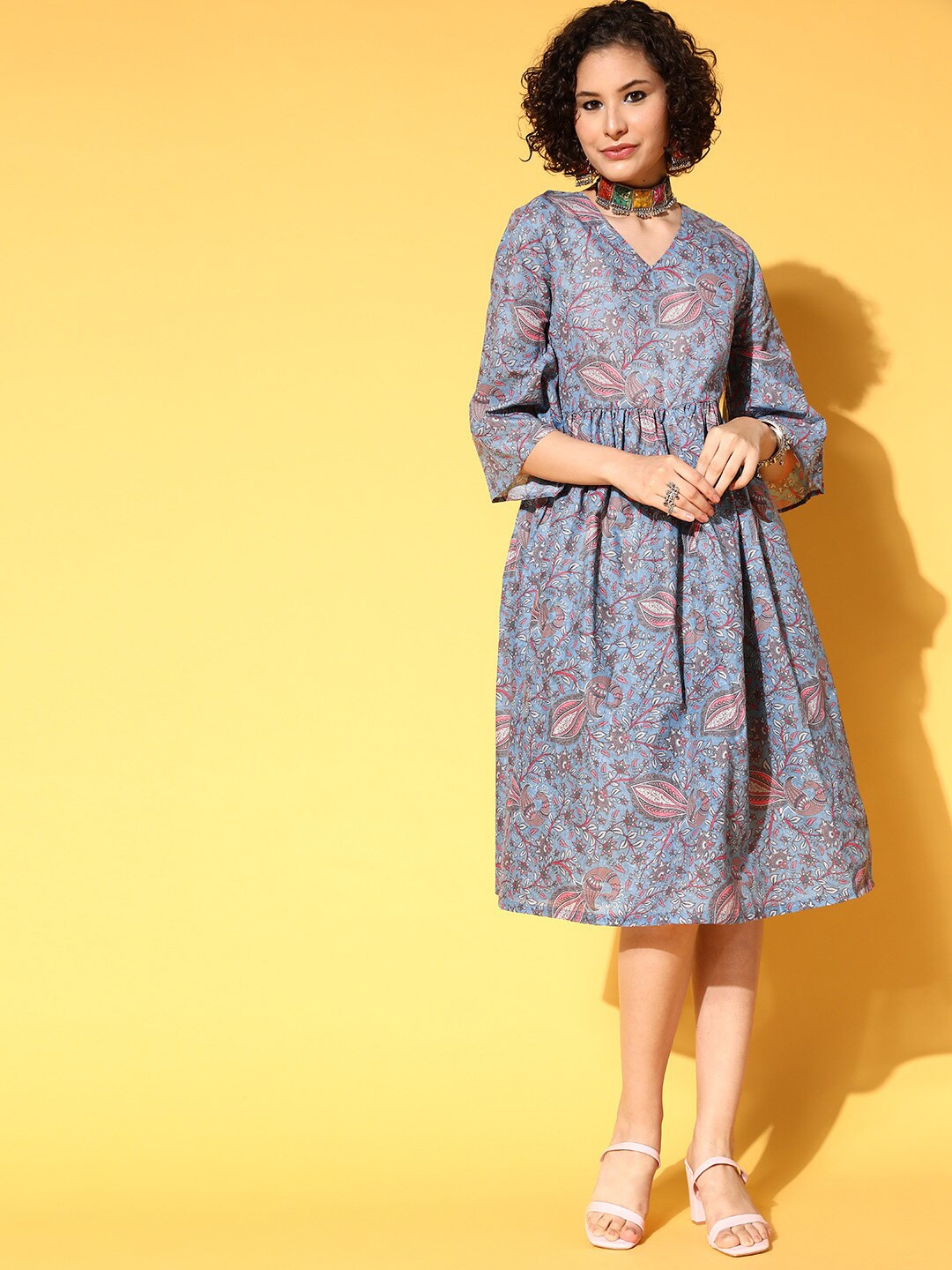 

InWeave Blue Floral A-Line Midi Dress