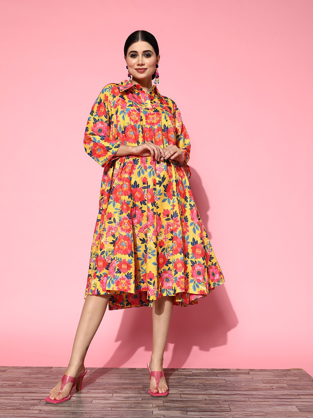 

InWeave Yellow Floral A-Line Midi Dress
