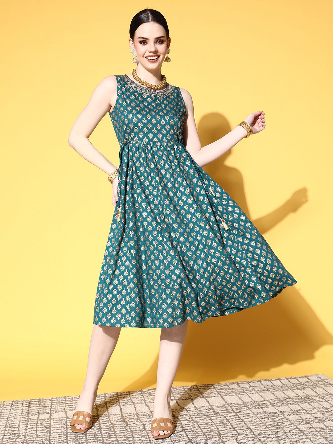 

Sunehri A-Line Midi Ethnic Dress, Teal