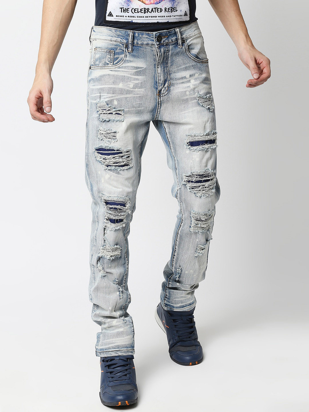 

WAIMEA Men Heavy Fade Highly Distressed Skinny Fit Stretchable Jeans, Blue