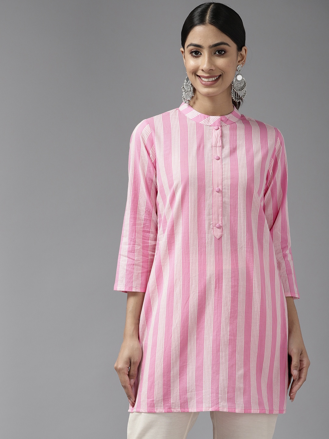 

Prakrti Striped Mandarin Collar Pure Cotton Kurti, Pink