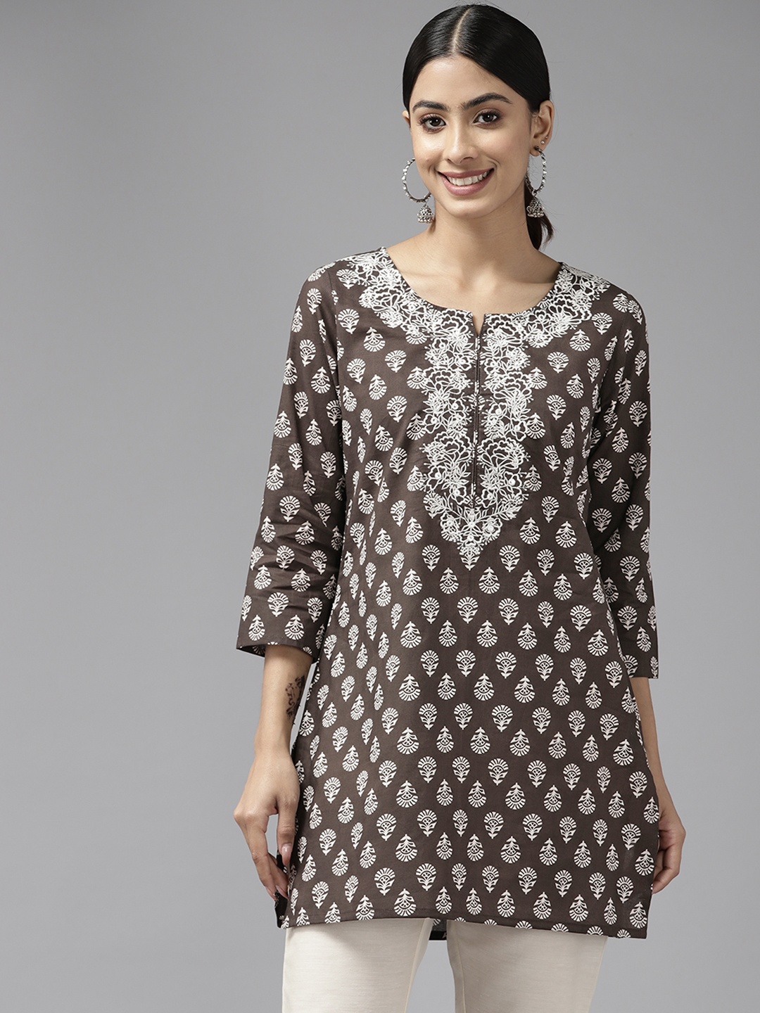 

Prakrti Ethnic Motifs Block Printed Mirror Work Pure Cotton Kurti, Brown