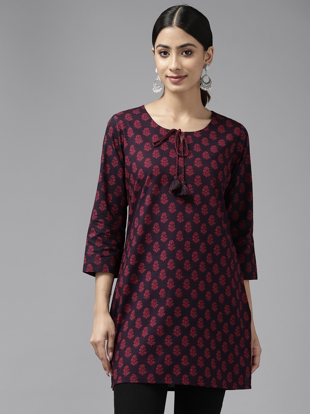 

Prakrti Ethnic Motifs Printed Tie-Up Neck Pure Cotton Kurti, Maroon