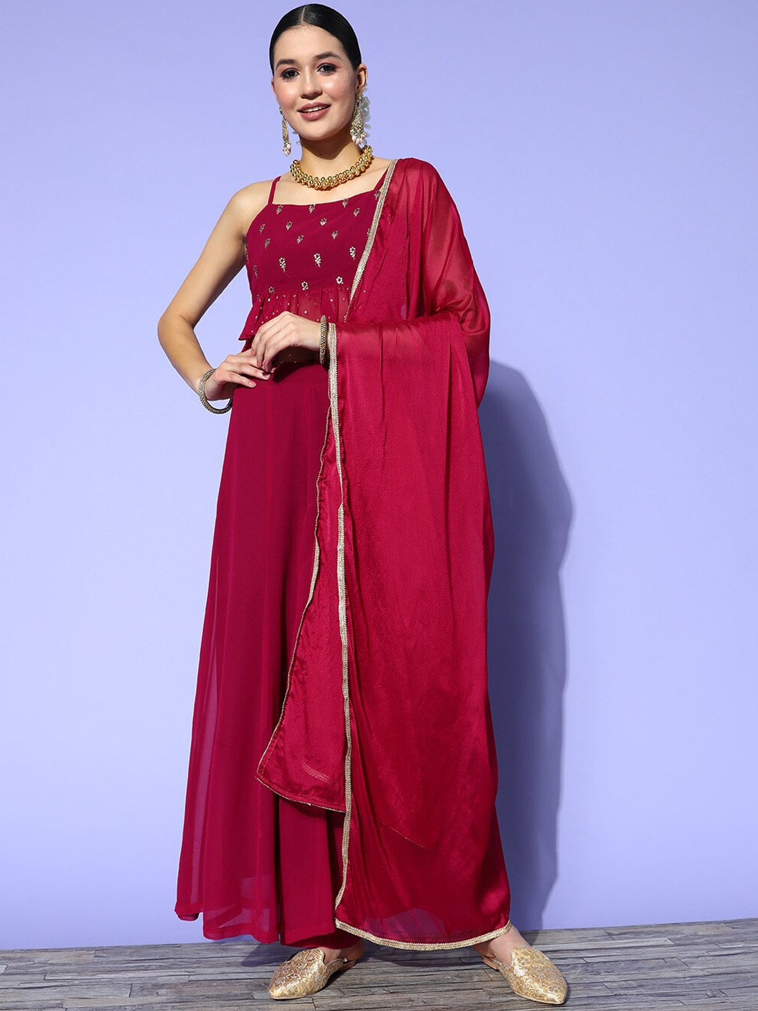 

Sunehri Floral Embroidered Pleated Sequinned Top with Palazzos & Dupatta, Maroon