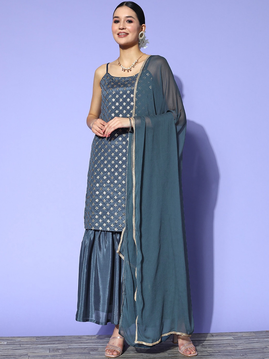 

Sunehri Floral Embroidered Sequined Kurta with Sharara & Dupatta, Grey