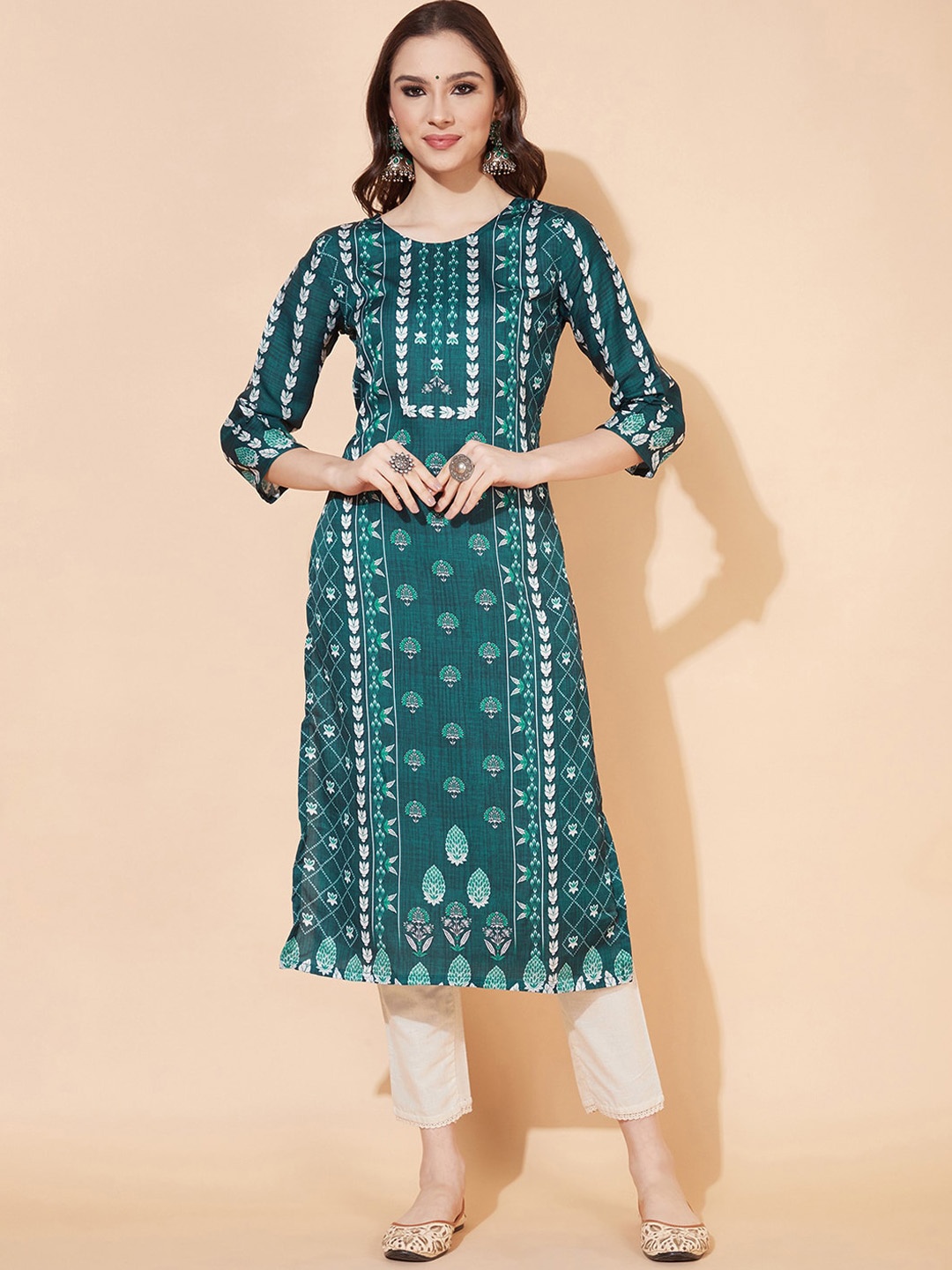 

KALINI Ethnic Motifs Printed Straight Kurta, Teal