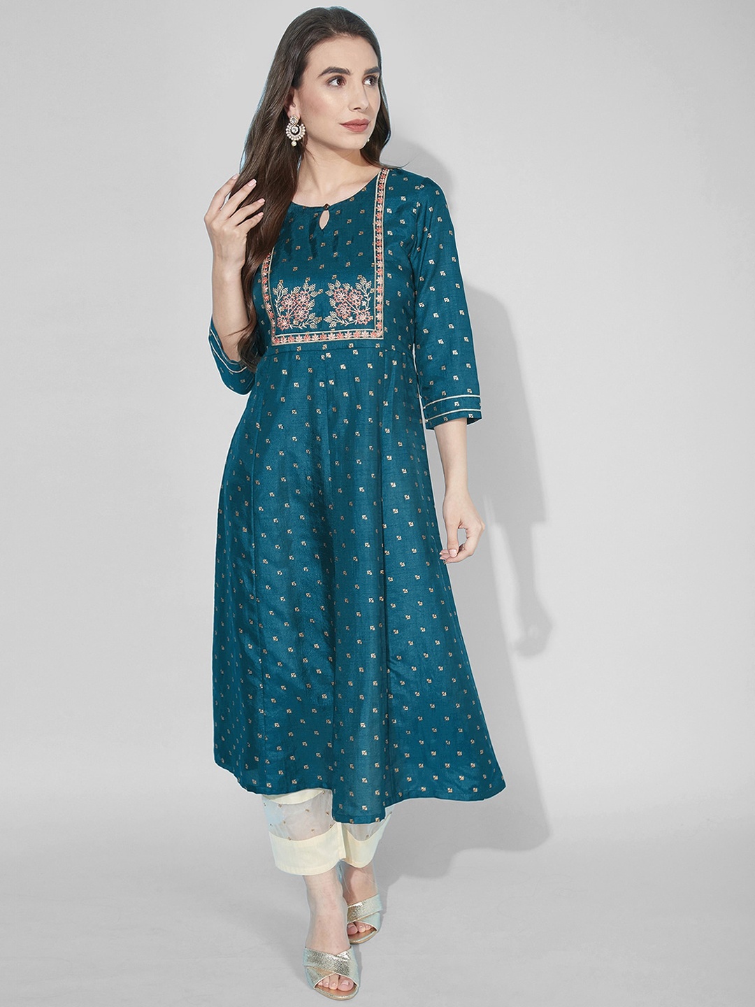 

KALINI Geometric Printed Keyhole Neck Thread Work Silk Anarkali Kurta, Teal