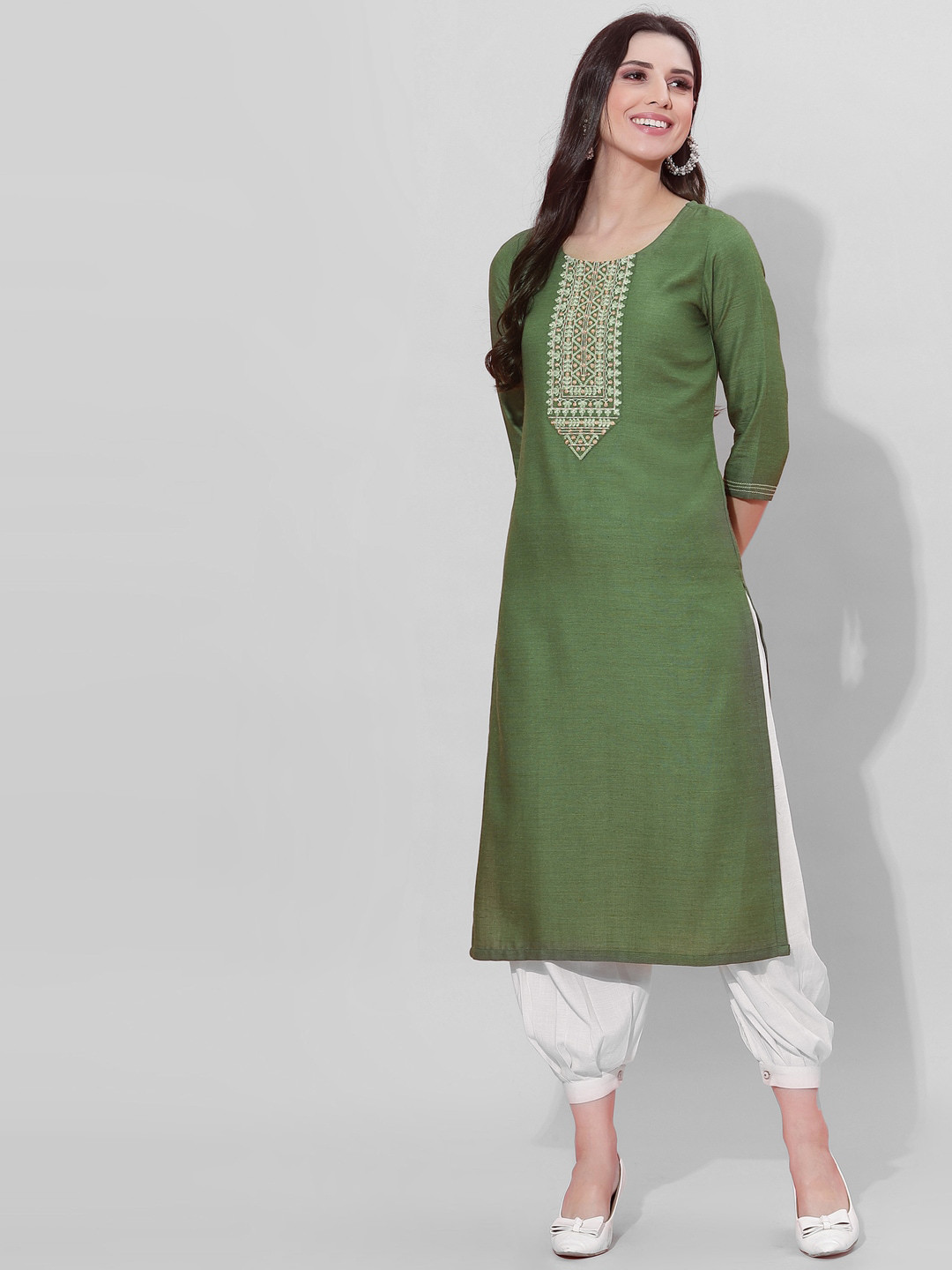 

KALINI Ethnic Motifs Yoke Design Mirror Work Work Straight Kurta, Olive